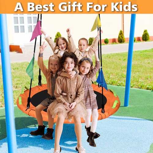 Image of 48 inch Tree Swing, Larger Saucer Flying Swing for Whole Family, 900lbs Weight Capacity, with Adjustable Hanging Straps, for Outdoor Playground, Orange