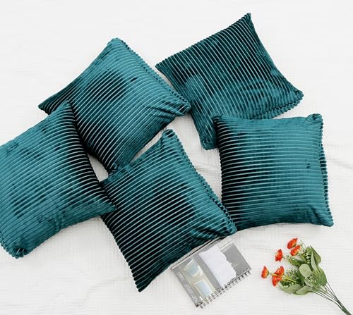 Image of RD TREND Cushion Cover Set of 5, Decorative Sofa Living Room Home Square Cushion Covers 24 Inch x 24 Inch, Aesthetic Corduroy Striped Double Sided (Green,Pack of 5)
