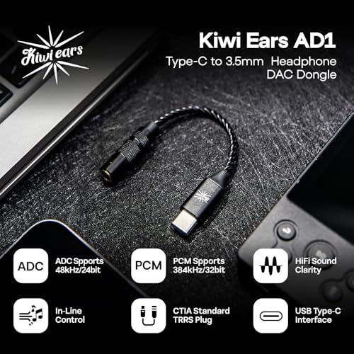 Image of Linsoul Kiwi Ears AD1 Type-C to 3.5mm Female Headphone DAC Adapter Cable, USB C to Aux IEM Dongle with KT02H20 Chip, High Res 32bit /384kHz, CTIA-Standard for iOS /Android /Windows Smartphones (Black)