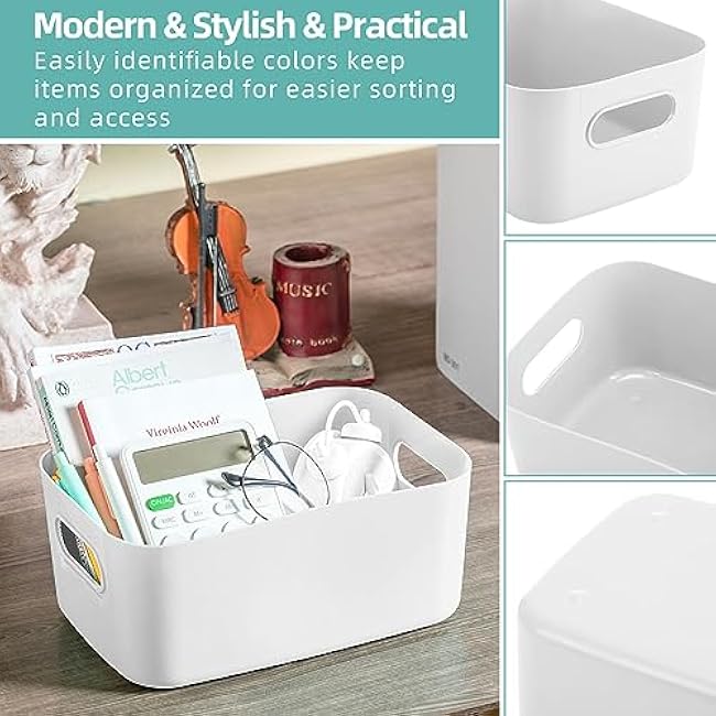 Geetery 12 Pieces Plastic Storage Bins Basket with Handles Toy Organizers and Storage Bins for Home Cupboard Kitchen Bathroom Office Pantry Organization(9.6 X 6.3 X 3.9 Inch,White)