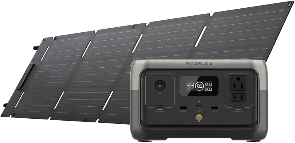 EF ECOFLOW RIVER 2 120V Estação de Energia Portátil com Painel Solar de 60 W, Bateria LiFePO4 de 256 Wh, Carga Rápida de 1 hora, Saída de Até 600 W, Gerador Solar para Acampamento ao Ar Livre