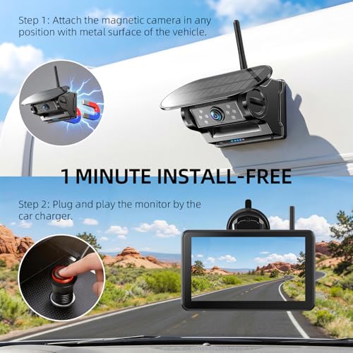 Image of eRapta 7 Inch Dual Solar Wireless Backup Camera Magnetic with HD1080P DVR Touchscreen, BSD Alarm, 1-Min Free-Installation, IR Night Vision for Truck /Trailer /Tractor /Small-RV /Hitching /Fifth Wheels