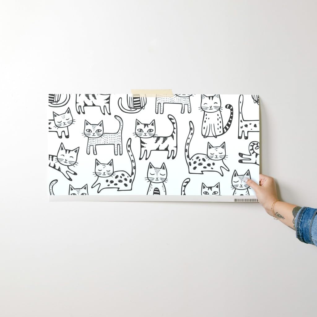 Peel & Stick Wallpaper Swatch - Cats Stripes Kitten Geometric Cute Animals Black White Cat Kitty Custom Removable Wallpaper by Spoonflower