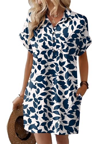 HOTOUCH Womens Summer Shirt Dress Short Sleeve Floral Shift Dress Casual Loose Flowy Beach Sundress with Pockets