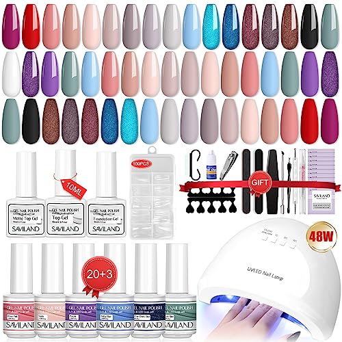 Saviland 45PCS Gel Nail Polish Kit with 100Pcs Coffin Nails Tips, Mermaid Series 20 Colors Gel Polish Nail Kit,48W U V LED Nail Lamp Gel Nail Starter Set, Nal Extension Kit DIY Nail Art Gift for Women