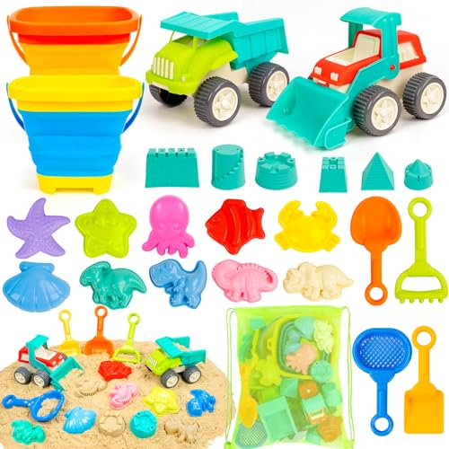 Beach Toys Play Sand Set Sandbox with 2 Cars 2 Collapsible Sand Buckets, Shovel, Rake, Sand Castle Kit, Animal Molds and Mesh Bag, Travel Toys for Kids Toddlers Boys Girls Age 3-10