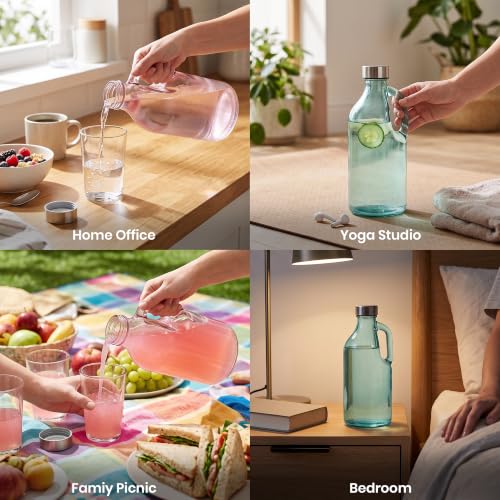 Image of Multicolor Airtight Fridge Handle Glass Milk, Juice & Water Bottle with Leak Proof Lid for Refrigerator, Set of 2, 1000ml