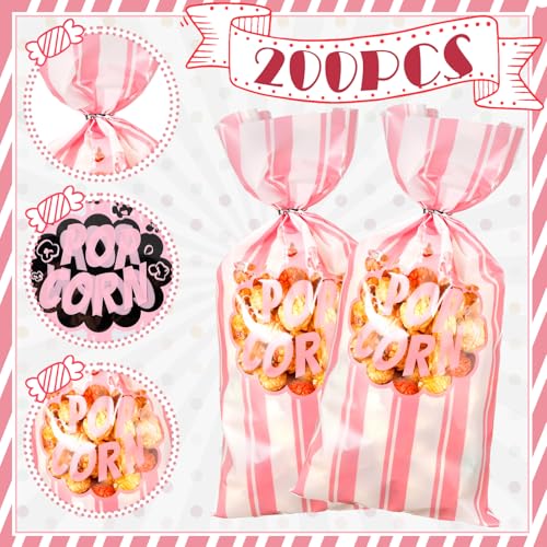 Image of 200 Pcs Popcorn Bags Bulk Movie Night Pop Corn Plastic Bags for Popcorn Machine Pop Corn Snack Containers with Twist Ties for Carnival Graduation Party Supplies (Cute,Pink)