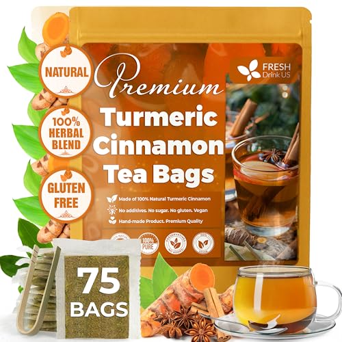 Image of FreshDrinkUS, Premium Turmeric Cinnamon Tea - 75 Bags, 100% Natural, Blend of Turmeric, and Cinnamon. Made with Eco-Conscious Tea Bags. No Sugar. No Caffeine. Vegan.