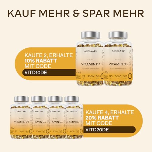 Vitamin D3 Hochdosiert Depot 5000 IU 365 Kapseln - Vitamin D3 5000 IE mit kaltgepresstem nativem Olivenöl Extra für optimale Absorption - Vitamin D Hochdosiert Ohne Gentechnik, glutenfrei, laktosefrei