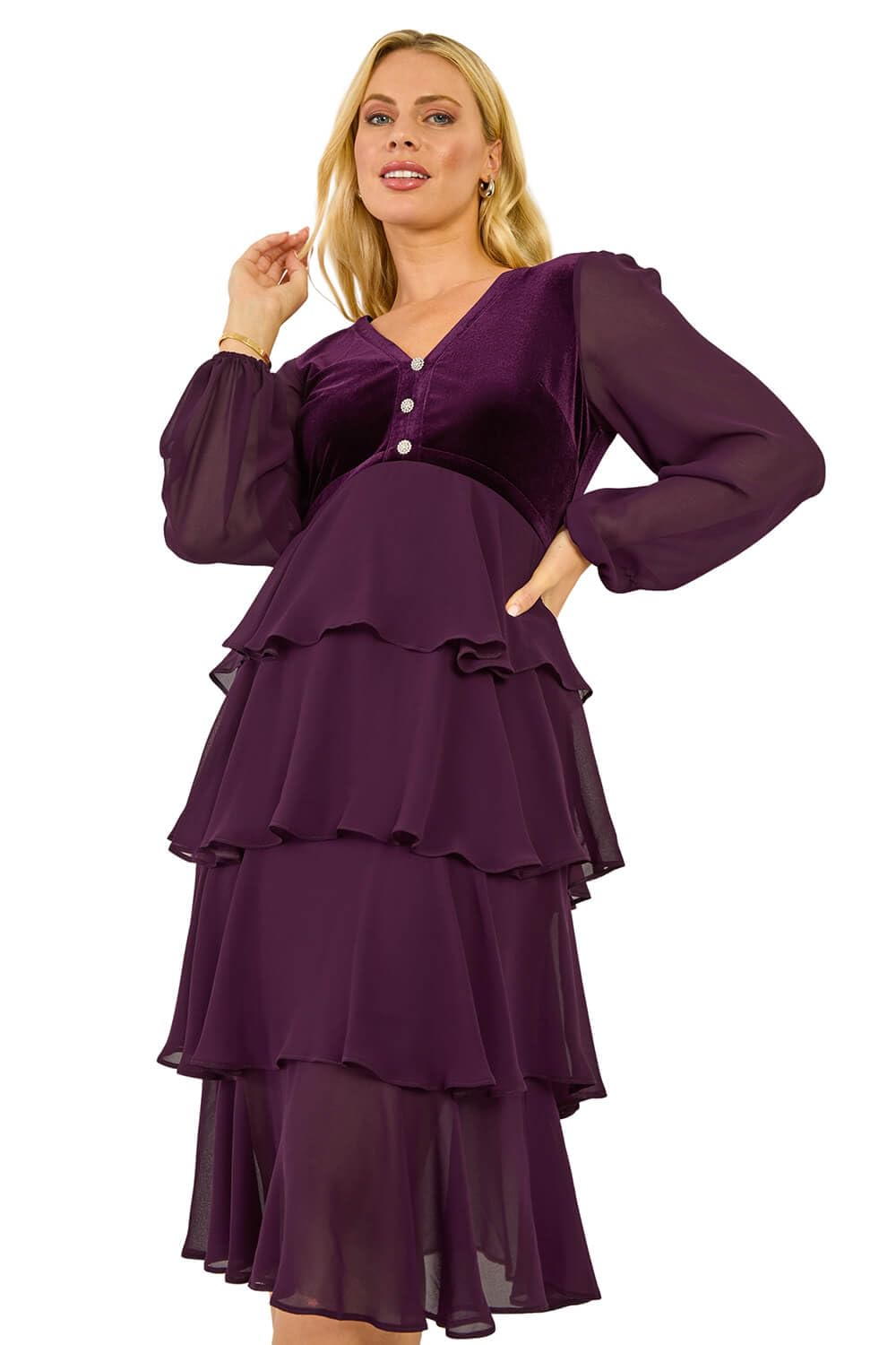 Roman Women's Plum Petite Velvet Tiered Midi Stretch Dress In Size 12