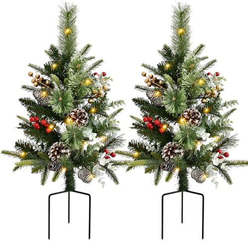 2 Pack Outdoor Christmas Trees for Porch，Lighted Artificial Christmas Urn Fillers, Battery-Powered...
