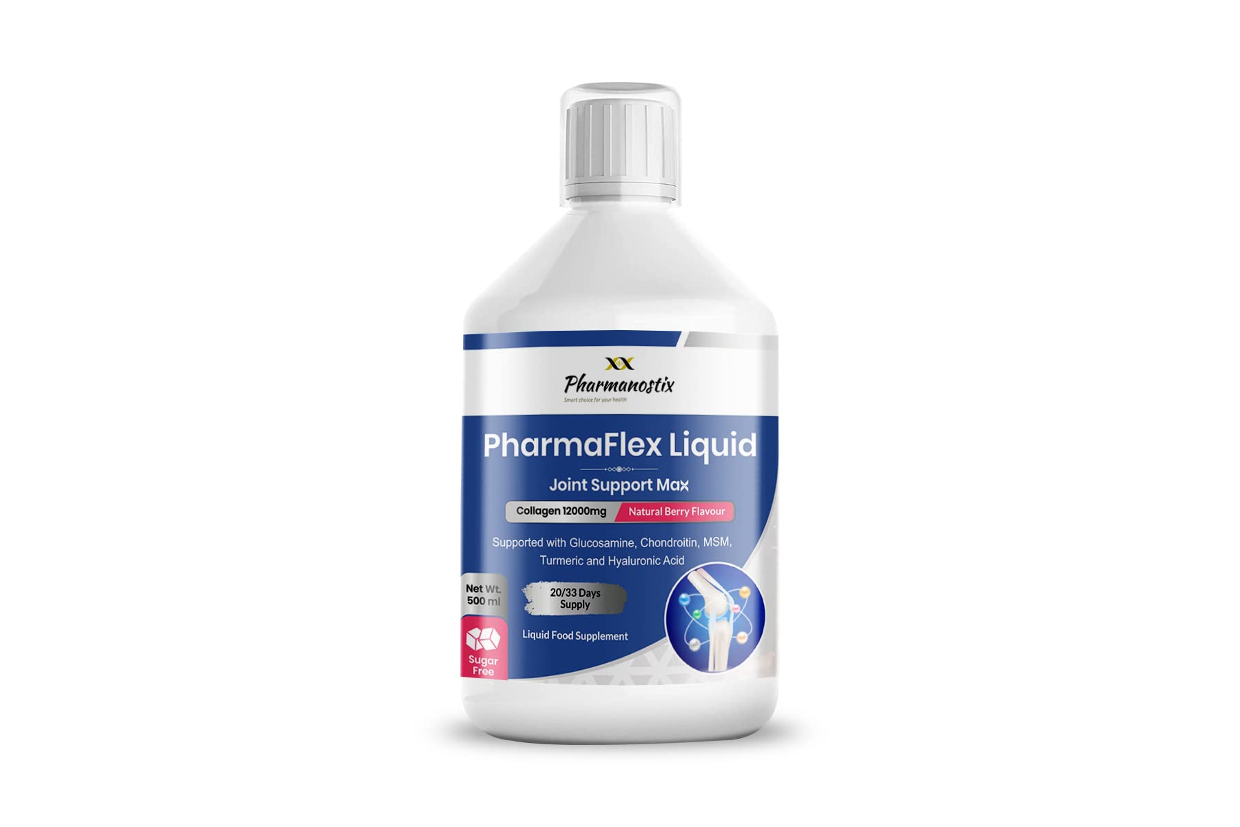 PharmaFlex Liquid Joint Support Max 500 mL - Type 1, 2 & 3 Collagen 12000 mg - with Glucosmaine, Chondroitin, MSM, Turmeric and Hyaluronic Vitmain C - Natural Berry Flavour - High Absorption Rate