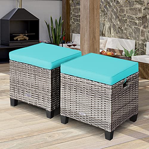 Tangkula 2 Pieces Patio Rattan Ottomans, Outdoor Wicker Footstool Footrest Seat With Soft Cushions And Steel Frame, All-Weather Patio Ottoman Set For Backyard Garden Poolside (Turquoise) #TOP1
