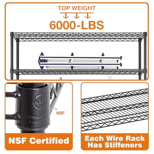 Image of BestOffice Storage Shelves 6 Tier Metal Shelves Adjustable Heavy Duty Garage Shelving Wire Shelving Unit Capacity 6000LBS with Wheels for Kitchen, Garage Pantry Closet Commercial,Black
