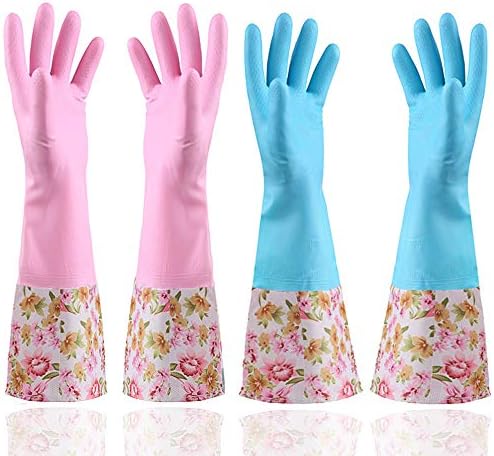 KINGFINGER Rubber Latex Waterproof Dishwashing Gloves,2 Pair Medium Long Cuff Flock Lining Household Cleaning Gloves