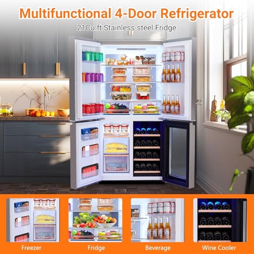 36 Inch Refrigerator and Freezer, 21 Cu. Ft Counter Depth Fridge French Door Refrigerator with Wine Cooler, 4-Door Fridge with Automated Defrost & Touch Screen, Interior LED Light
