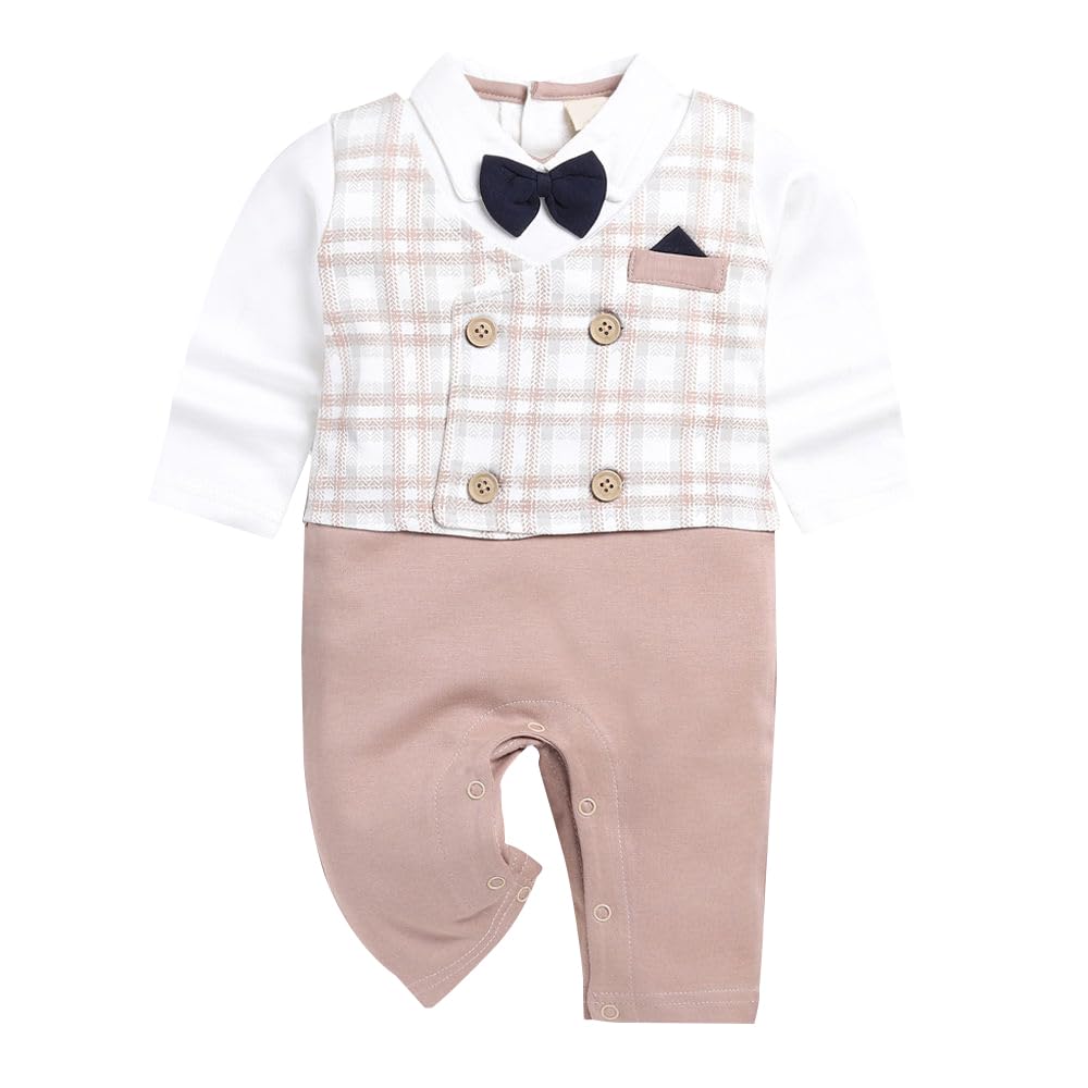 HopscotchUnisex Cotton Unisex Plaid Print Romper in Beige Color