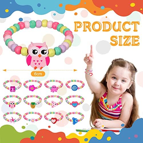 Jadive 12 Pcs Colourful Wooden Bracelets Set Wooden Jewellery Childrens Bracelets Girls Party Bag Fillers for Kids Bracelets Girls Little Princess Party Jewellery Stocking Filler Gift Supplies