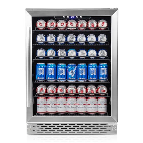 Phiestina Beverage Refrigerator 175 Cans Under Counter Beer Cooler 24 inch Quiet Built-in or Freestanding Beverage Fridge Glass Door Auto Defrost 5 Removable Shelves for Home Bar Office