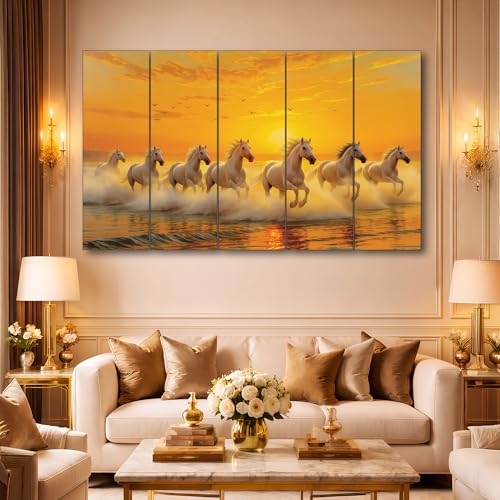 Image of The Castle Decor Running Horses with Rising Sun Vastu Painting | Wooden Frame Multi-Panel Wall Art for Living Room (Multi Color - Design 7, 27x48 Inch)