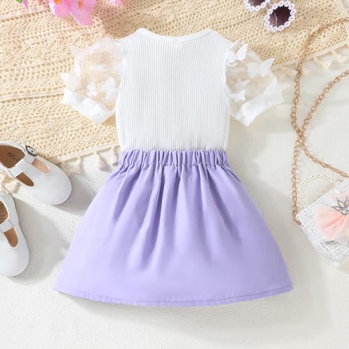 Image of Girls Summer Outfits Toddler Mesh Short Sleeve Ribbed Knit Top Mini Skirt Set Kids Clothes 2-7 Years(Purple, 2-3T)