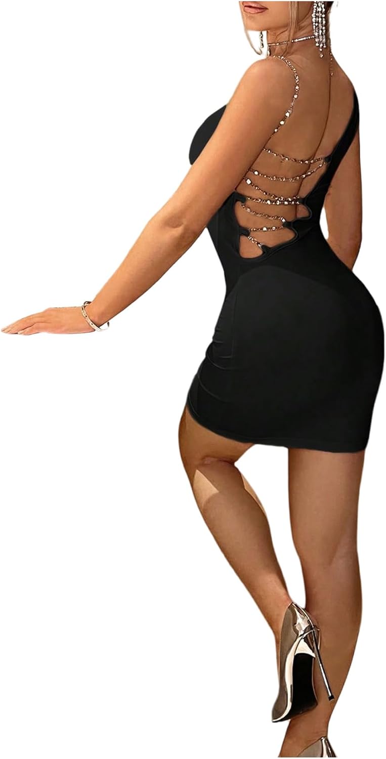 SweatyRocks Women's Asymmetrical One Shoulder Mini Bodycon Dress Backless Chain Going Out Dresses - Image 3