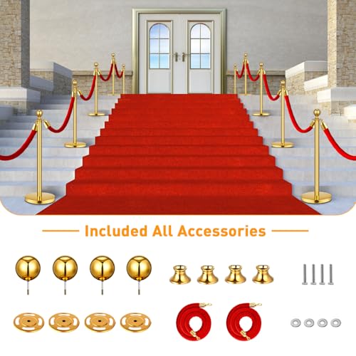 4 Pack Upgraded Stainless Steel Stanchions and Velvet Ropes 5FT Extended Red Carpet Ropes Poles Crowd Control Safety Barriers Set with Stable Base for Theaters Parties Wedding Exhibition (Gold)