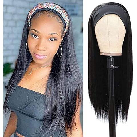 20 Inch Human Hair Wigs for Black Women Glueless HeadBand Wig Straight Half Wig for Black Women Can be dyed Tangle Free Cover