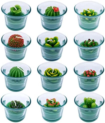Amusaer Succulent Cactus Tealight Candles in Glass 12 Set Bulk Small Soy Wax Candles for Wedding, Party Favors, Baby Shower, Bridal Shower Green