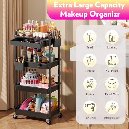 Image of SUNALLY Makeup Cart Organizer with Drawer,4 Tier Rolling Makeup Cart, Black