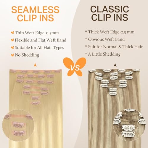 Image of DOORES Seamless Clip in Hair Extensions Real Human Hair, DirtyBlonde Mixed Platinum Blonde 120g 7pcs 24 Inch, Invisible Edge Hair Extensions Real Human Hair Clip in Remy Straight Hair