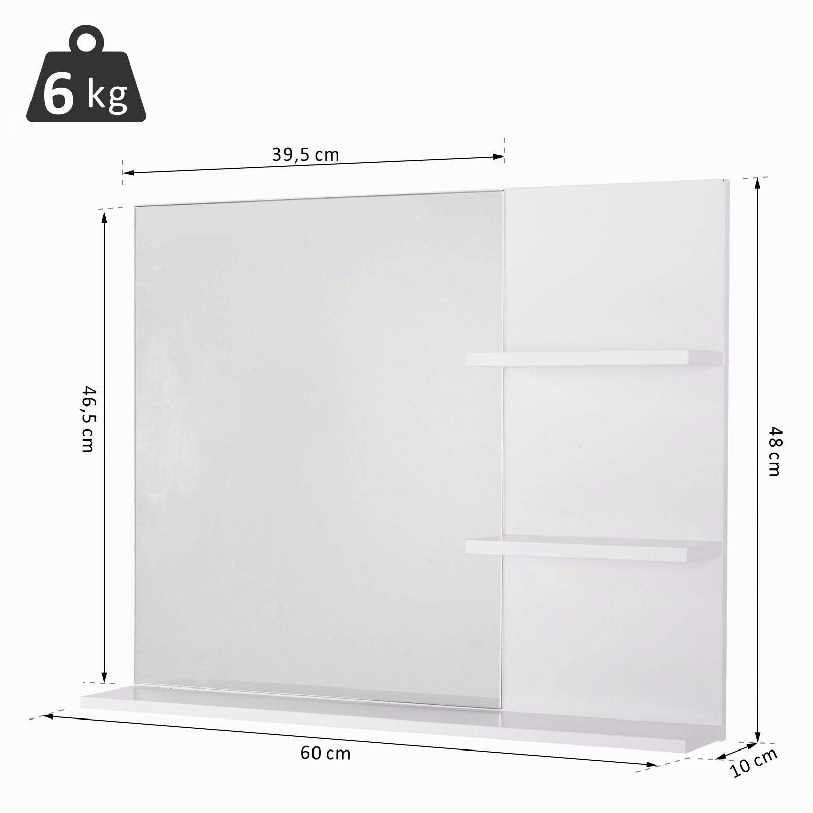 kleankin Specchio da Bagno con 2 Ripiani Laterali e Ripiano Inferiore, Specchio Moderno con Montaggio a Parete, in MDF e Vetro, 60x10x48 cm, Bianco