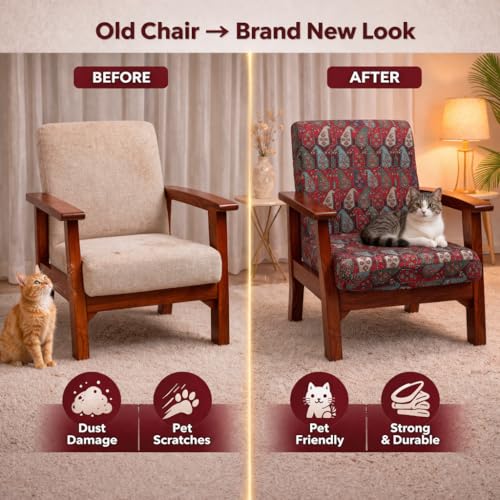 Image of STITCHNEST 'Contour Fit Series' Stretchable Printed Wooden Sofa Cover (Pack of 4) - Elastic Wooden Chair Cover | Wooden Sofa Seat Cover | Size - 20-21 x 20-21 x 3-5 in