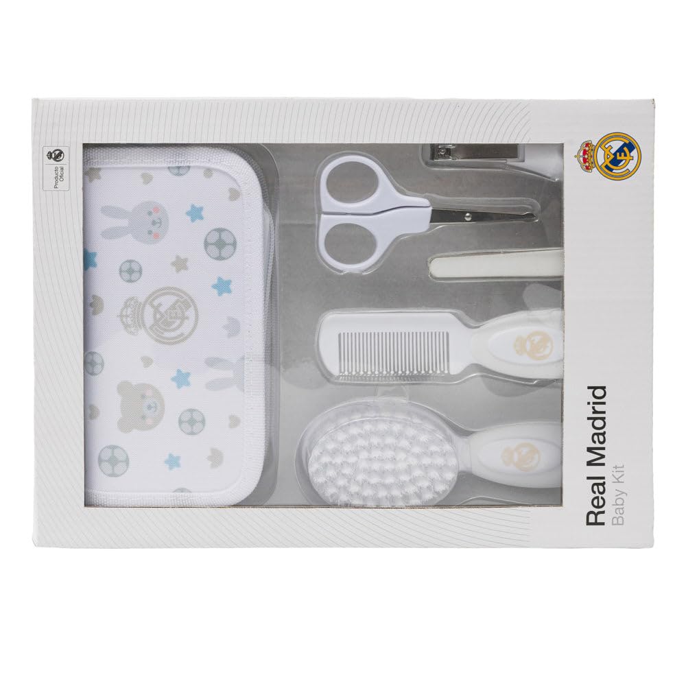 Miniland - Kit de toilette pour bébé du Real Madrid - Trousse avec peigne, brosse douce, ciseaux, coupe-ongles et limes - Design compact et officiel du club - Dès 0 mois