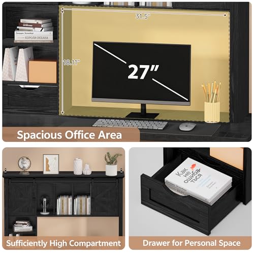 Image of Large Desktop Bookshelf with Sliding Barn Door, 47.2''W Desk Shelf Display Rack, Desktop Organizer Storage Rack with 7 Cubbies and Drawer, Home, Desk Shelf for Office, Dorm, Vanity, Black