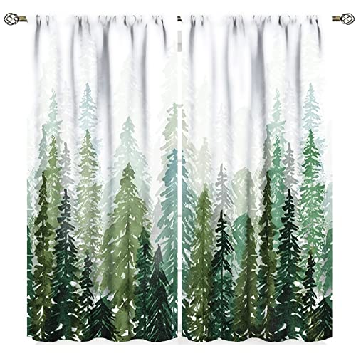 Image of SXXLDNG Green Forest Tree Curtain, Pine Forest Watercolor Design Room Darkening Door Window Rod Pocket Curtain for Bedroom Living Room 52x84in