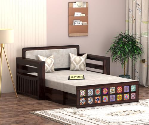 Image of Solid Wood Sofa Cum Bed with Decorative Tile Design | Modern Pull-Out Wooden Diwan Bed with Cushioned Seating | Convertible 2 Seater Sofa Bed for Living Room (Walnut Finish)