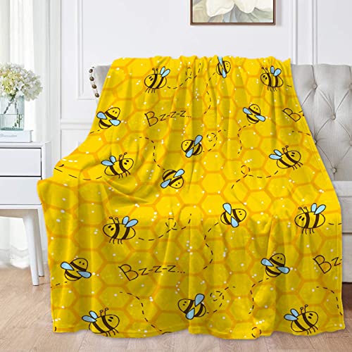 Honeycomb Cute Bee Yellow Blankets for Couch Sofa Bed Fleece Throw Blanket Super Soft Lightweight Warm Gift for Kids Women Indoor Home Decor 50