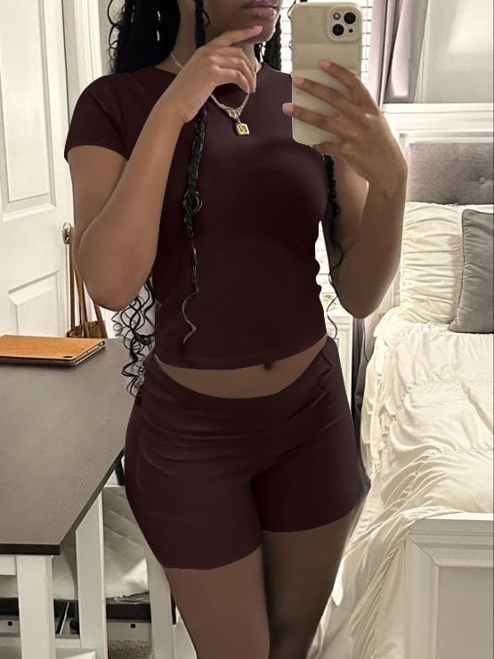 Image of AYWA Women's Two Piece Sets Summer Slim Fitted Short Sleeve Tops Foldover Shorts Matching Lounge Sets