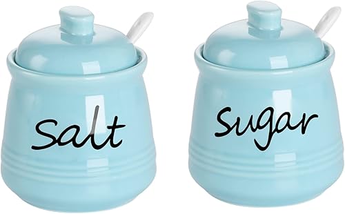 ONTUBE Tazones de azúcar y sal de 12 onzas con tapa y cuchara, ollas de cerámica para condimentos, recipiente de especias para cocina, apto para