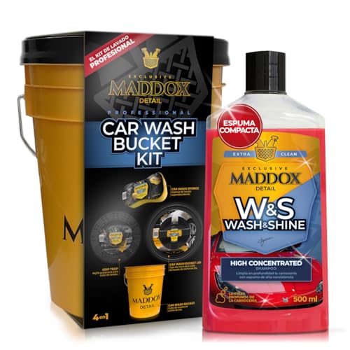 Kit completo de lavado para coche Maddox Detail con cubo, rejilla, champú y esponja de brillo