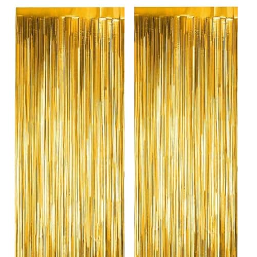 Image of 3 ft X 6 ft Metallic Gold Foil Curtain for Birthday Decorations /Anniversary (2 pc Gold Metallic Foil Fringe Curtain)