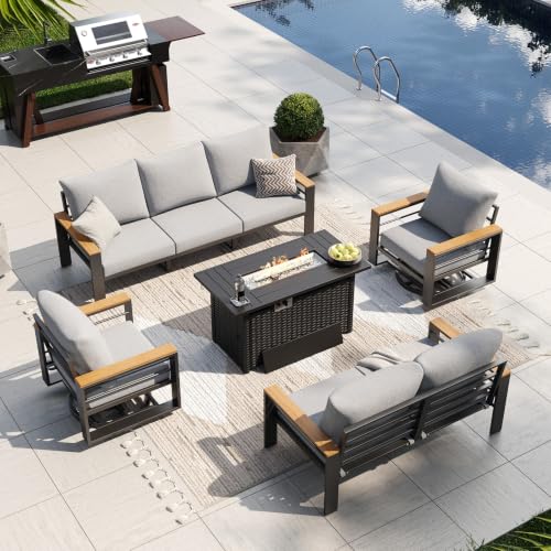 Image of Aoxun Aluminum Patio Furniture Set with Swivel Chairs & Firepit Table