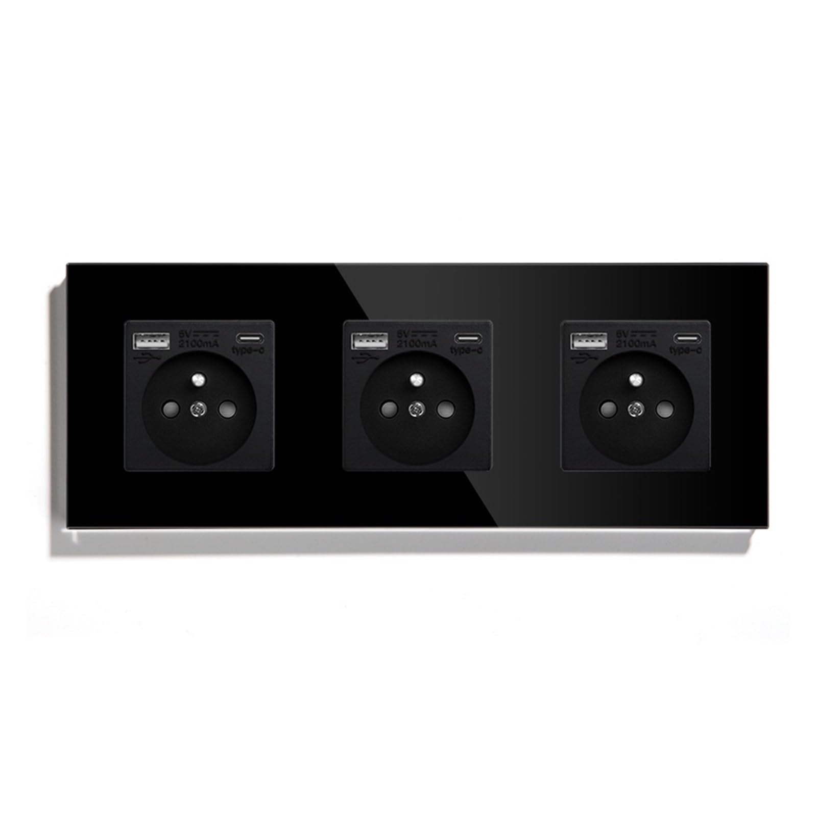 Prises de courant murales simples, Standard français, Double prise de Port USB type-c, panneau en verre cristal, Protection des enfants 16A(Triple Socket Black)