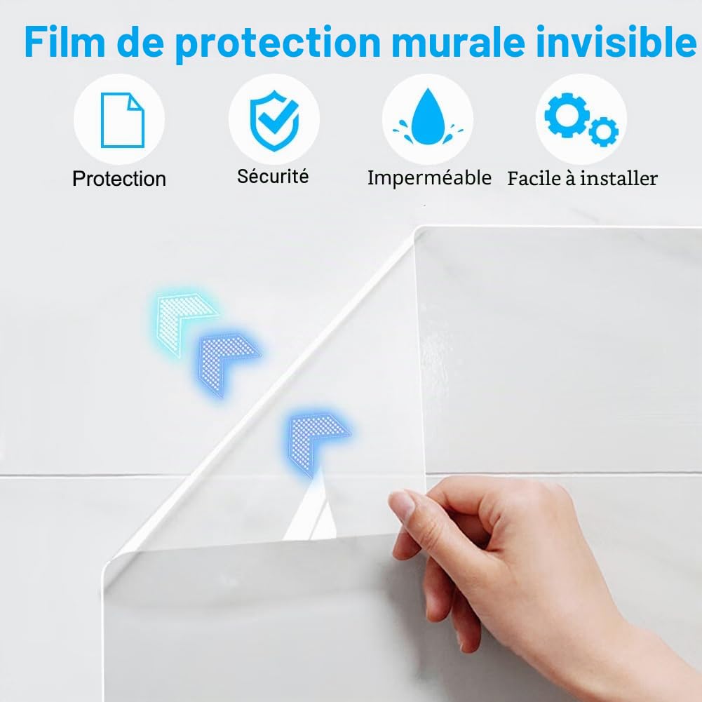 Film de protection mural transparent avec absorption électrostatique - 10 m x 40 cm - Protection contre les éclaboussures - Film de protection mural pour meubles -