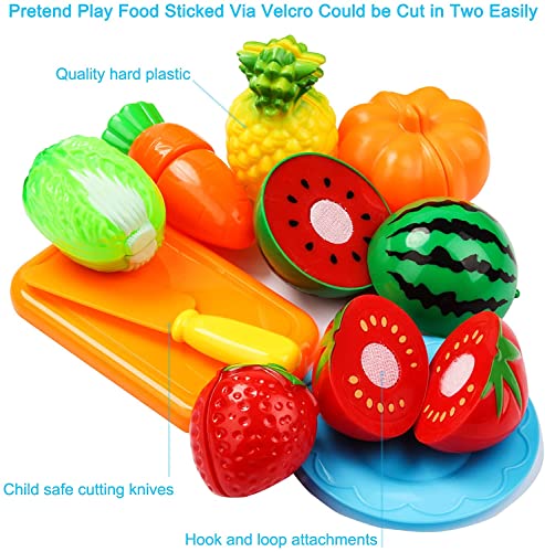 Cutting Play Food Set Kitchen Pretend - 40Pcs Grocery Basket Toys Food For Kids Toddlers Girls Boys Educational Fake Fruits Vegetables Pizza Knife Dishes Playhouse Accessories Xmas Gifts #TOP2