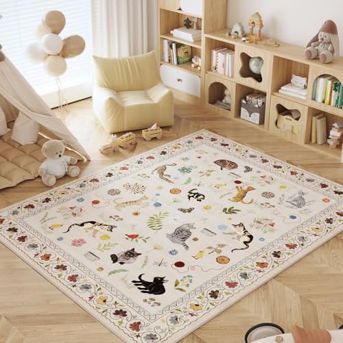 Living Room Rug 6x9 Rug Machine Washable Boho Area Rug Non Slip Floral Animal Cat Vintage Low Pile Large Rug for Living Room Bedroom Farmhouse Dining Room Kids Playroom, Beige