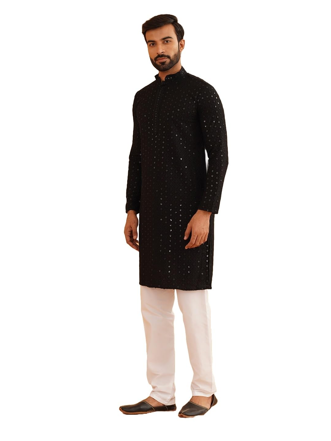 Sojanya (Since 1958 Men's Pure Cotton Black Embroidered Sequined Kurta And White Pyjama Set