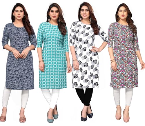 Image of JAKHANA Women's Crepe Printed Casual Straight Calf Length Round Nick Kurta Pack of 4